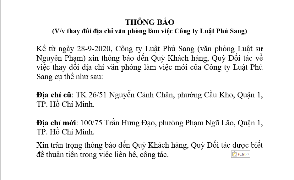 Thông báo thay đổi địa điểm văn phòng